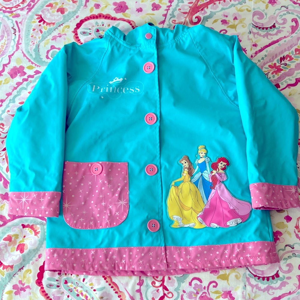 Girls Size 6 Disney Princess 👑 Raincoat Light Aqua Blue and Pink